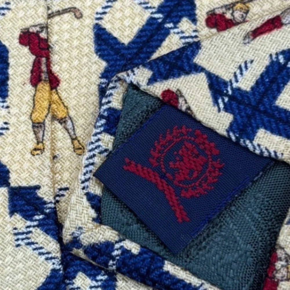 Tommy Hilfiger Mens Silk Tie Golf Theme Vintage Made in USA Blue Cream 4 Inch